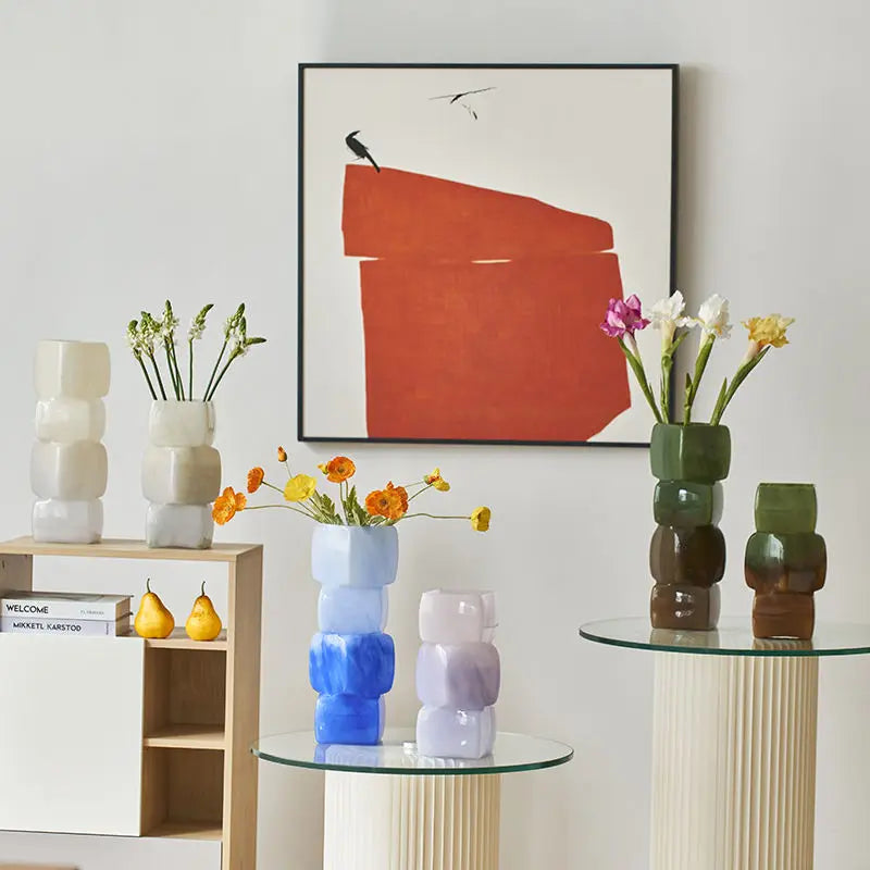 DecorBites™ Geometric Square Vase Table Soft Decoration Glass Decor for Hotel TV Counter
