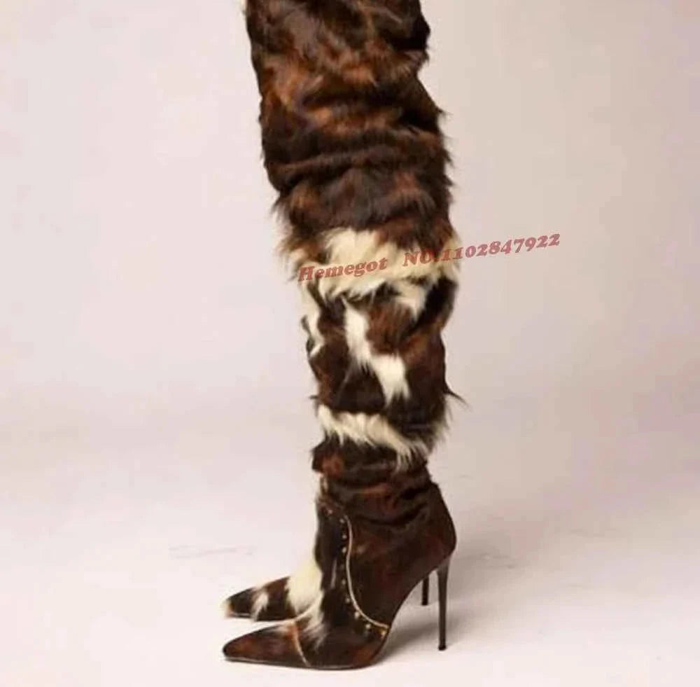 Horsehair Patchwork Thigh High Boots Rivet Stiletto Fur Pointy Toe Women's Boots