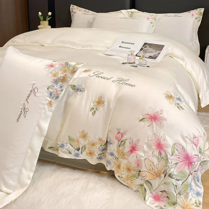 DecorBites™ Flowers Embroidery Silky Duvet Set with Comforter Cover & Fitted Sheet