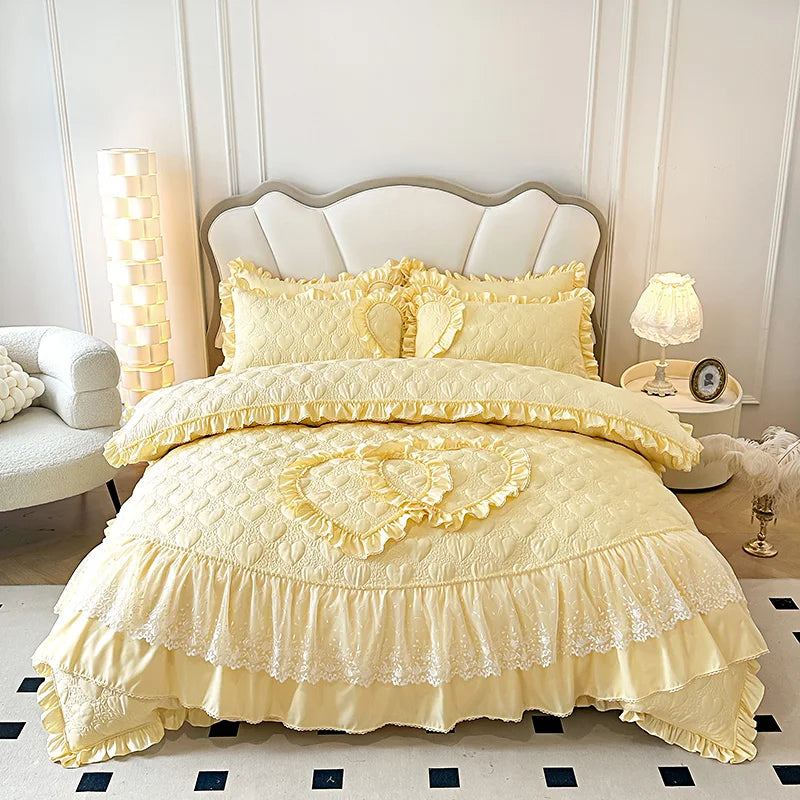 DecorBites™ Korean Princess Style Bedding Set with Lace Ruffles and Love Theme