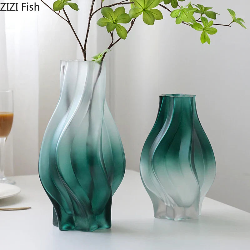 DecorBites™ Green Ripple Glass Vase with Artificial Flowers for Home Decor