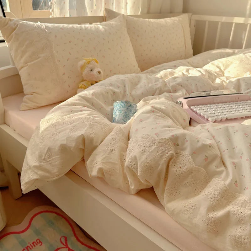 DecorBites™ French Lace Washed Cotton Bedding Sets for King Queen Beds