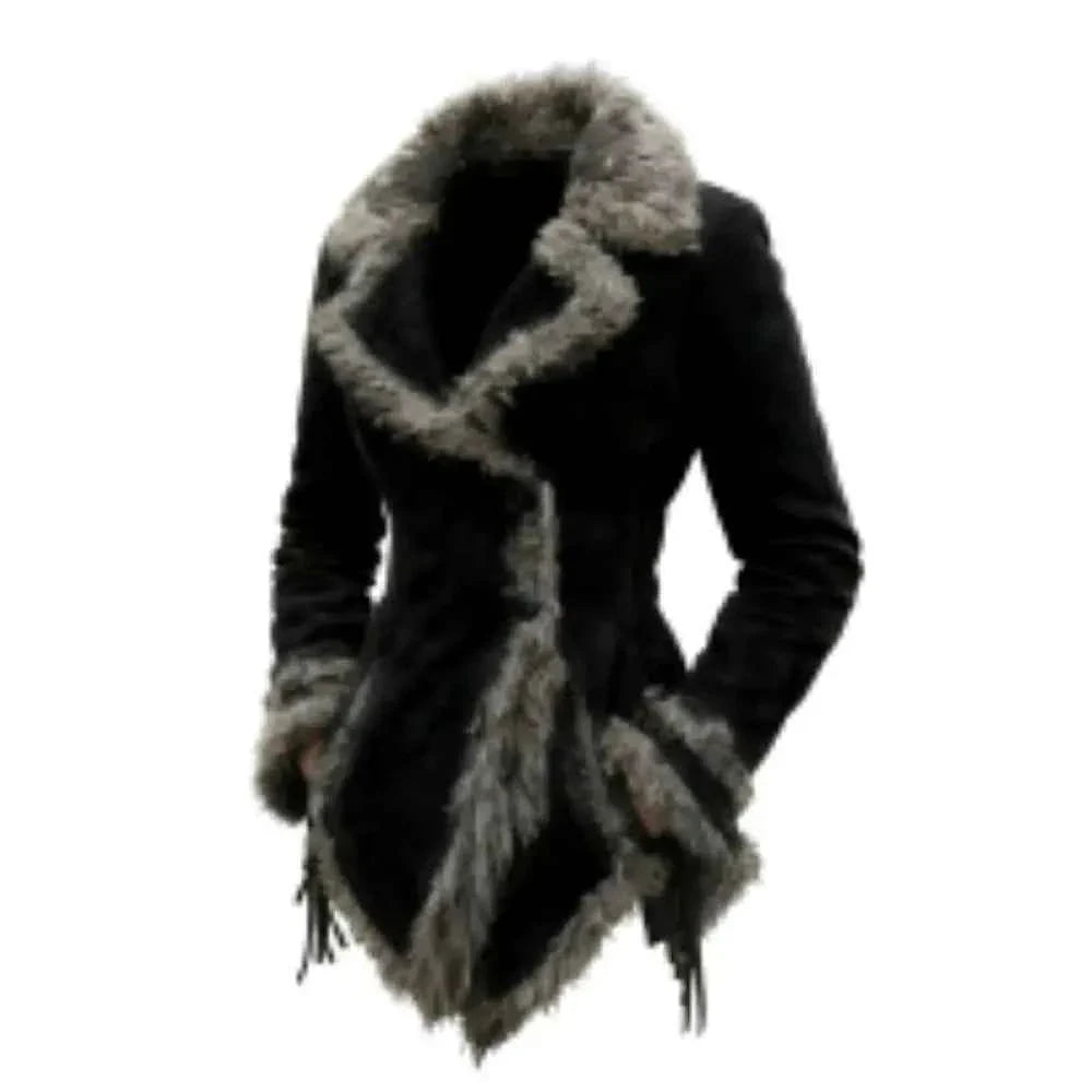 Women's Vintage Suede Jacket Fur Collar Lapel Jacket Warm High Grade