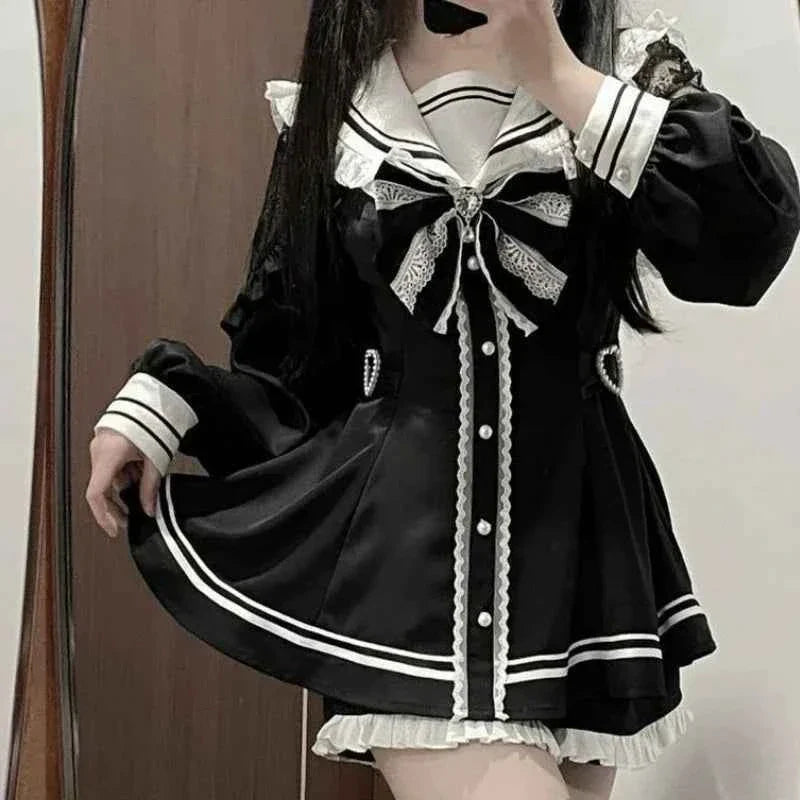Y2k Aesthetic Lolita Style Bow Dress Set Women's Gothic Lace Flare Sleeve Button T-shirt Dress Punk Party Mini Dress