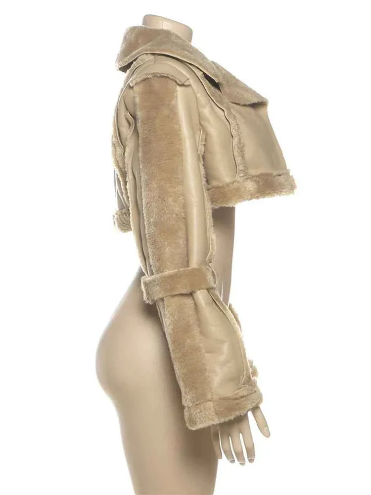 Furry Patchwork Women's Crop Jacket Warm Outwear Basic