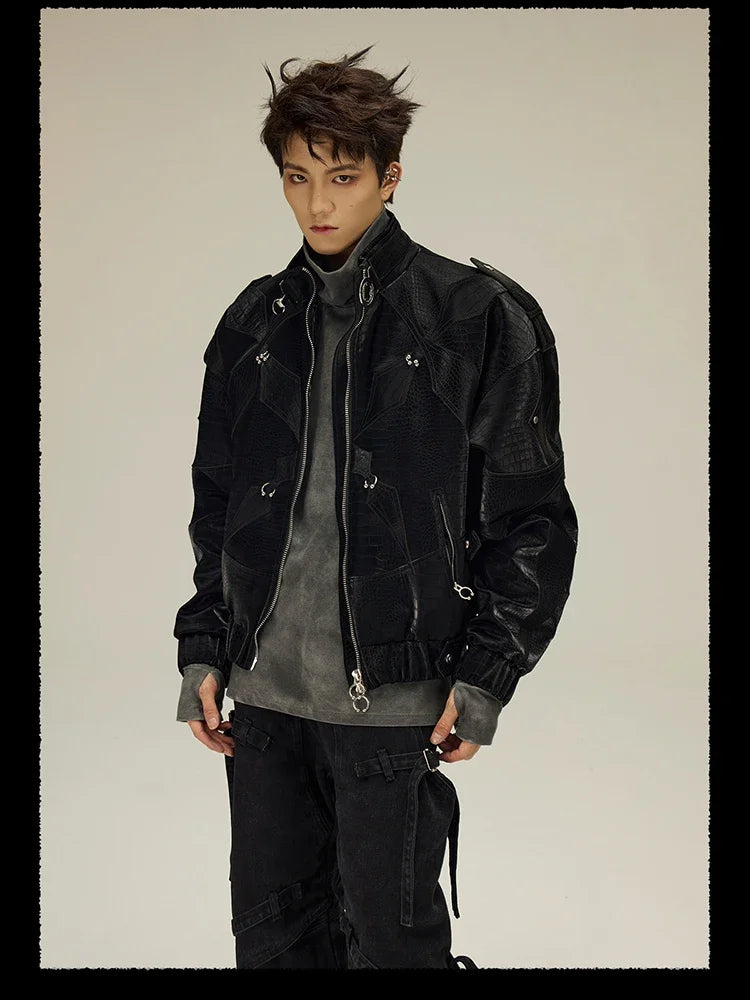 High Quality Crocodile Patchwork Pu Leather Coat Luxury Streetwear Men's Gothic Urban