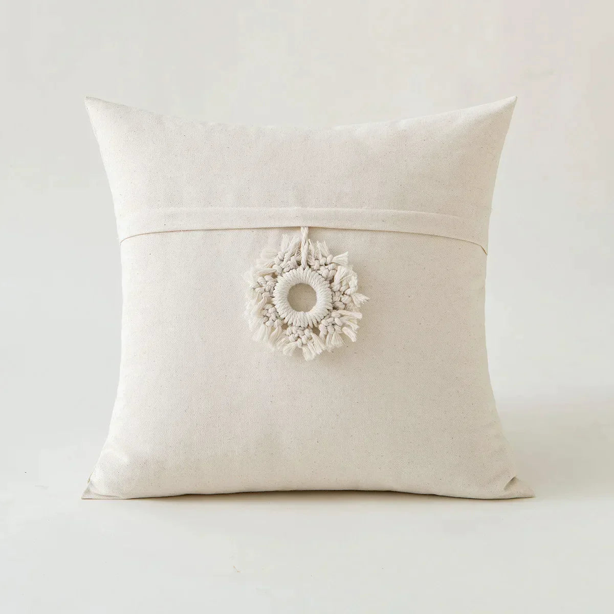 DecorBites™ Beige Tufted Fringed Cushion Cover Cotton Linen Tassel Crochet Pillow Cover