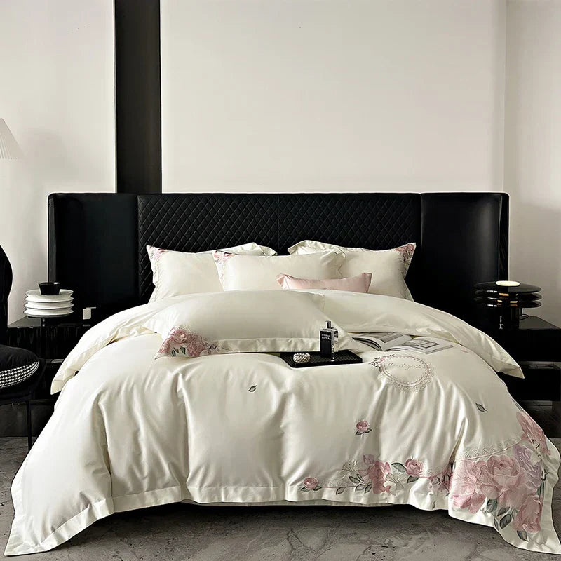 DecorBites™ French Flowers Embroidery Luxury Bedding Set in 1000TC Egyptian Cotton