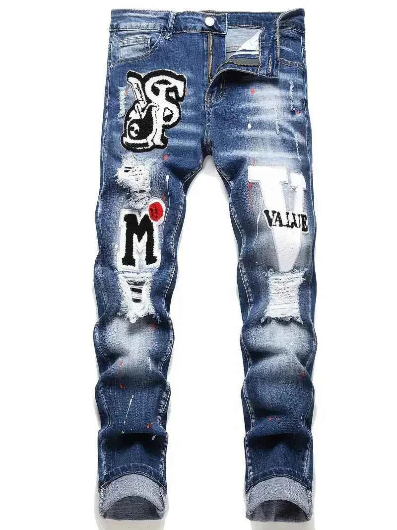 Men's Y2K Stretchy Denim Pants Ripped Skinny Letter Print elastic waist Casual pants
