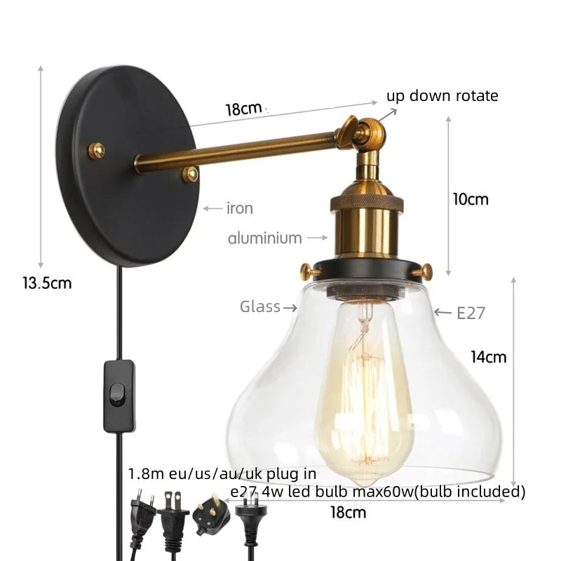 DecorBites™ Gold LED Wall Sconces Iron Loft Retro Home Bedroom Lamp