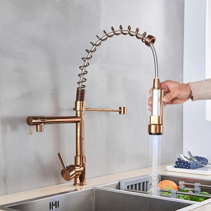 DecorBites™ LED Brushed Kitchen Faucet with Pull-Down Spring, Single Handle Swivel Spout