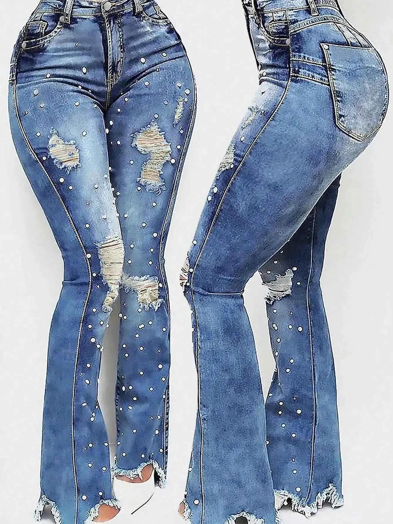 Women's Custom Made High Waisted Ripped Flared Jeans with Beads, Elastic Denim Street Style
