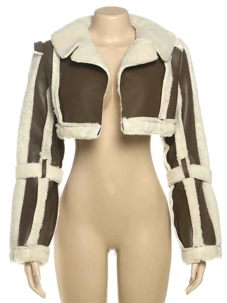 Furry Patchwork Women's Crop Jacket Warm Outwear Basic
