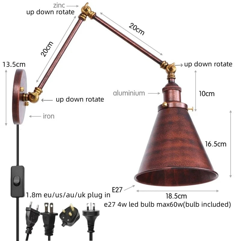 DecorBites™ LED Long Arm Wall Lamp with Pull Chain Switch for Home Hotel Bathroom