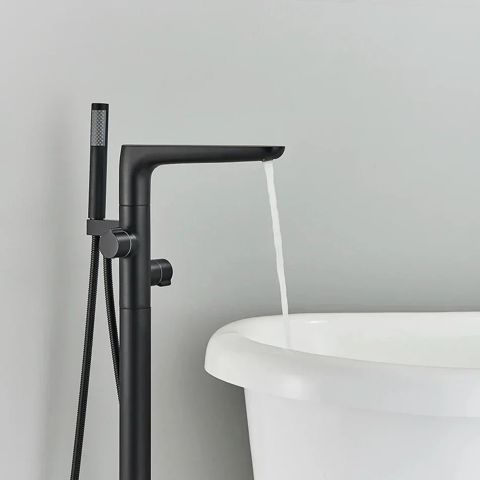 DecorBites™ Dual Handle Black Waterfall Bathtub Faucet Floor Standing Set for Bathroom