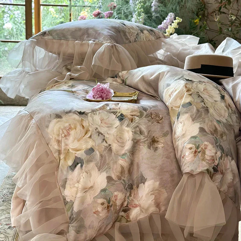 DecorBites™ French Flowers Lace Ruffles Bedding Set with Silky Soft Lyocell Cotton