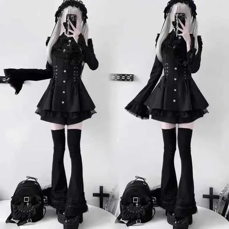 Y2k Aesthetic Lolita Style Bow Dress Set Women's Gothic Lace Flare Sleeve Button T-shirt Dress Punk Party Mini Dress