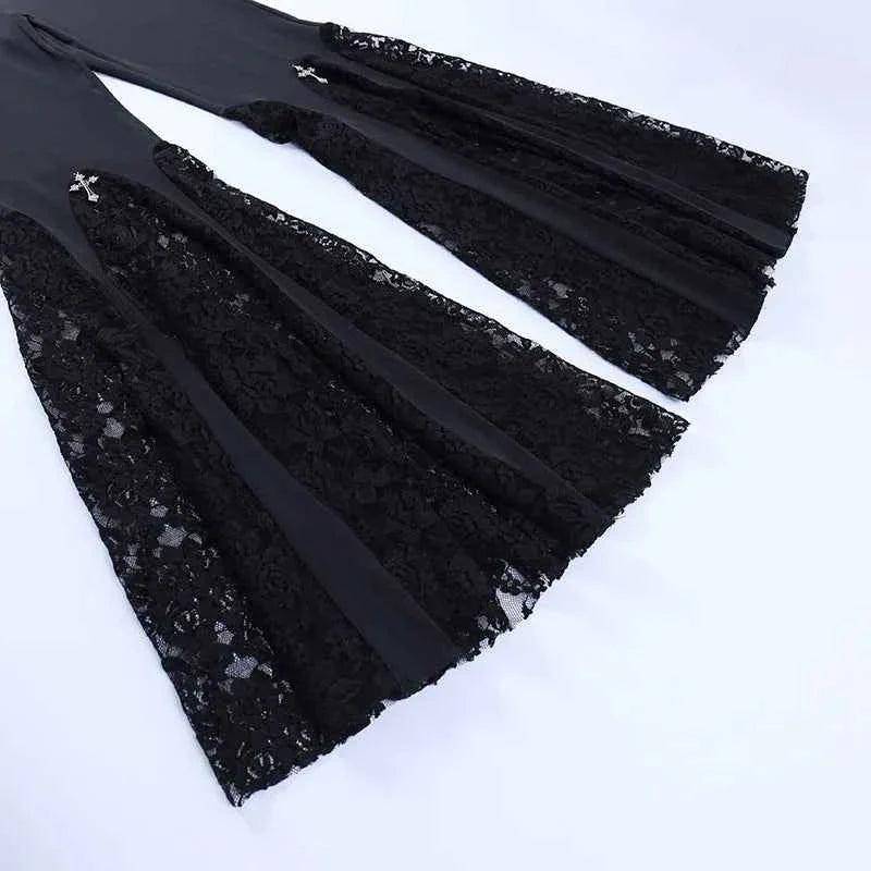 Goth Mall Flare Jeans Sexy Black Lace Patchwork High Waist Vintage Punk Grunge Streetwear