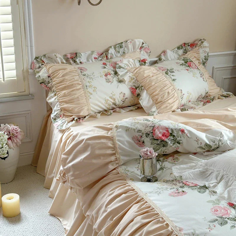 DecorBites™ Korean Princess Style Floral Cotton Bedding Set with Ruffles