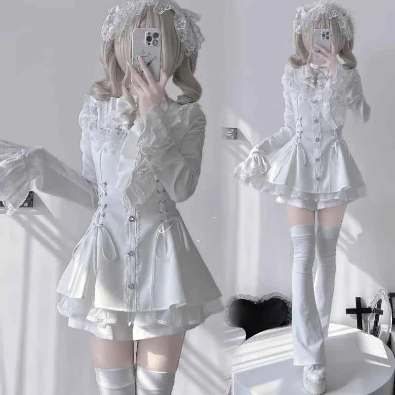 Y2k Aesthetic Lolita Style Bow Dress Set Women's Gothic Lace Flare Sleeve Button T-shirt Dress Punk Party Mini Dress