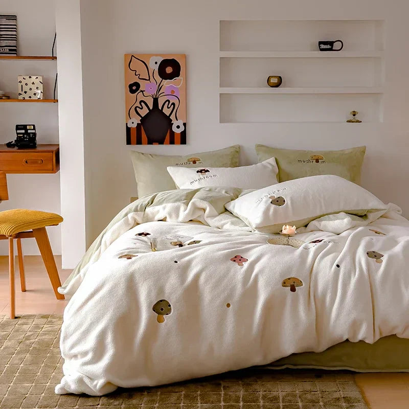 DecorBites™ Embroidered Imitation Cashmere Bedding Set for Queen Bed Warm Winter Cozy Set