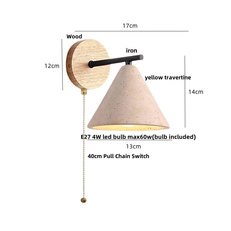 DecorBites™ Iron Yellow Travertine Wall Lights, Pull Chain Switch, LED Sconce for Bedroom, Bathroom.