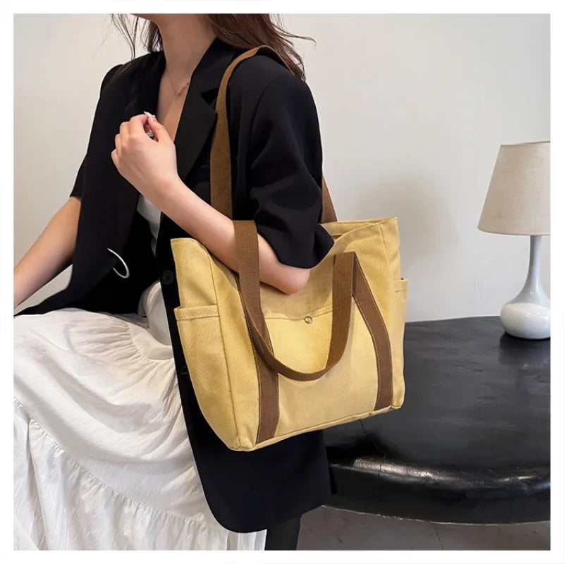 Large Capacity Canvas Tote Bag for Work, College and Shopping, Multi-Pocket Shoulder Book Bag