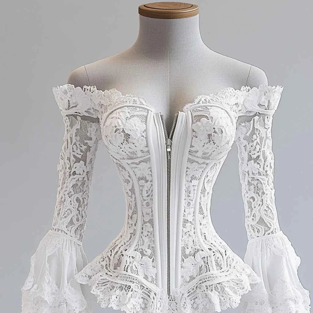 Off Shoulder Lace Blouse for Women Flare Sleeve Zipper Fly Solid Elegant Chic Hollow Out Long Sleeve Irregular Hem