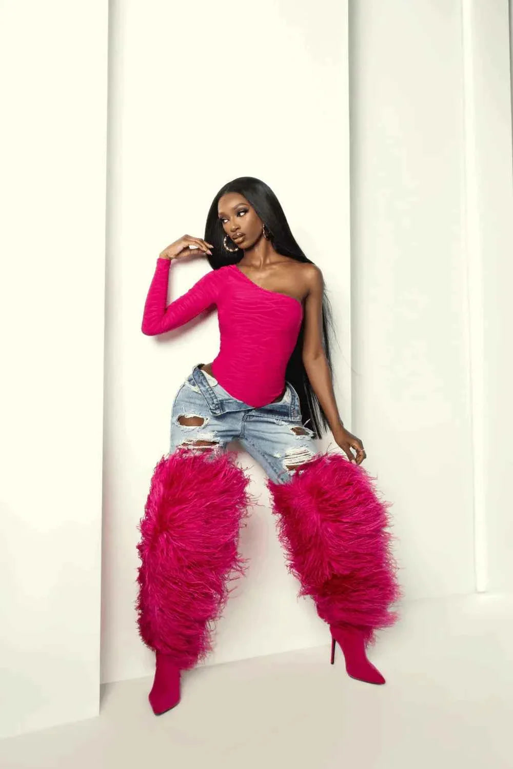 Feather Stiletto Heels Over-the-Knee Boots Plush Fluffy Feather