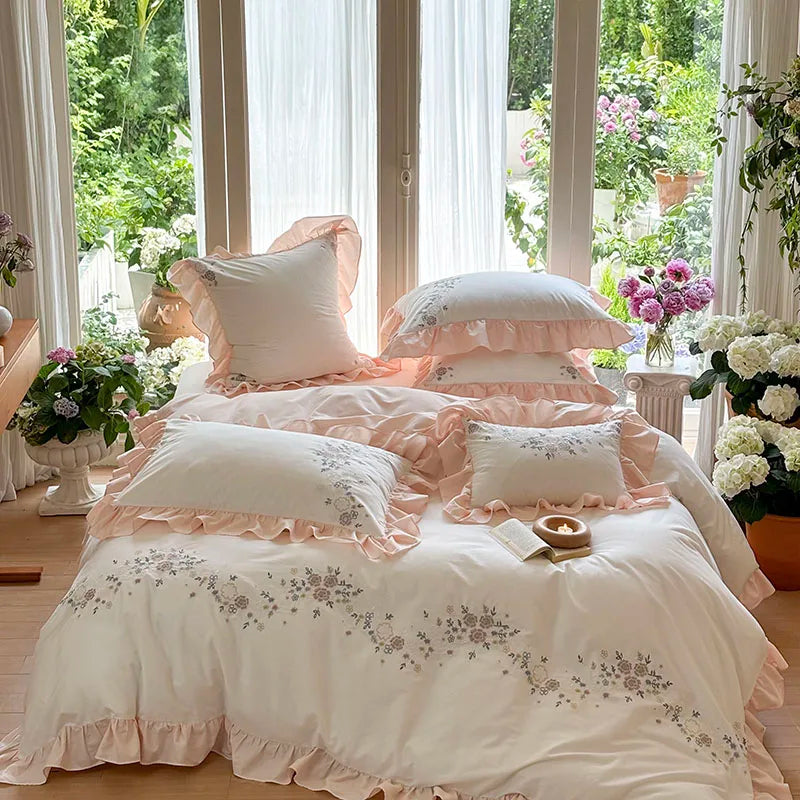 DecorBites™ Korean Princess Lace Ruffles Flowers Embroidery Bedding Set with 100% Cotton Quality.