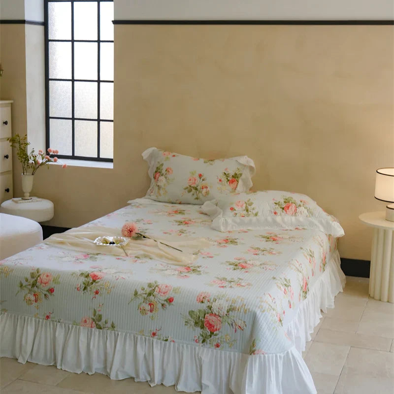 DecorBites™ Cotton Floral Ruffles Quilted Bedspread Set with Pillowcases