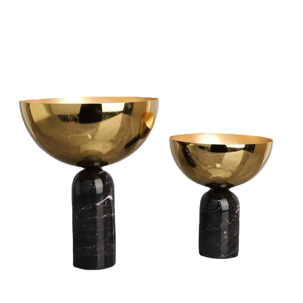 DecorBites™ Golden Fruit Bowl Metal Handicraft with Marble Base Storage Container Tray