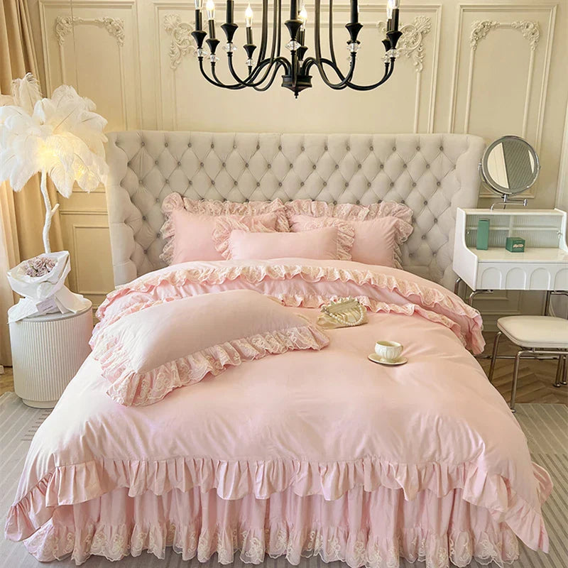DecorBites™ Korean Princess Lace Ruffles Bedding Set in Bean Paste Pink
