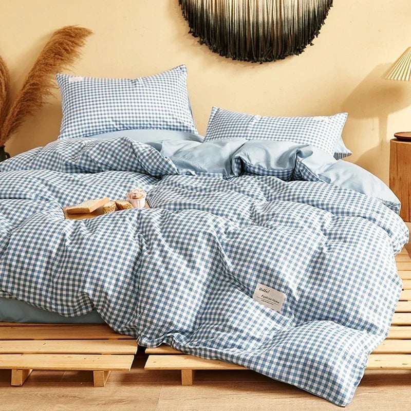 DecorBites™ Japanese Grid Print Bed Set in Washed Cotton for Summer Comfort