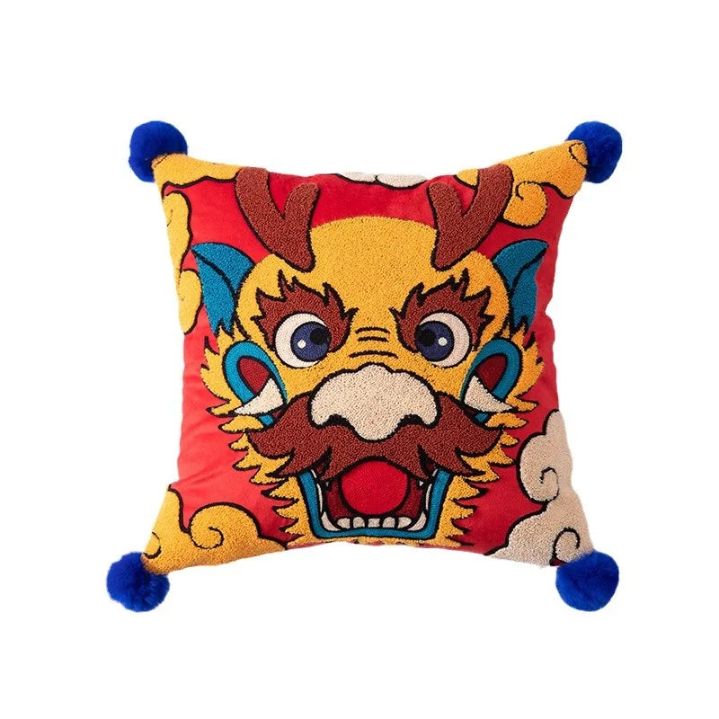 DecorBites™ Dragon Year Cushion Cover 45x45cm Decorative Throw Pillow with Hair Ball Embroidery