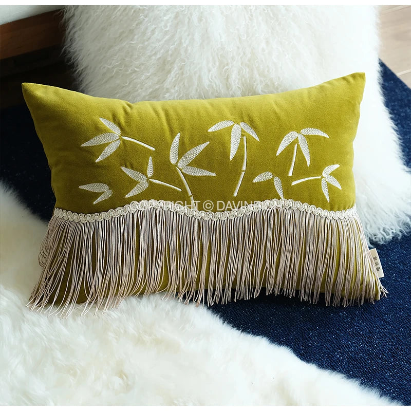 DecorBites™ Bamboo Embroidered Fringed Velvet Lumbar Pillow Cover 30x50cm Luxurious Artistic Oriental Style
