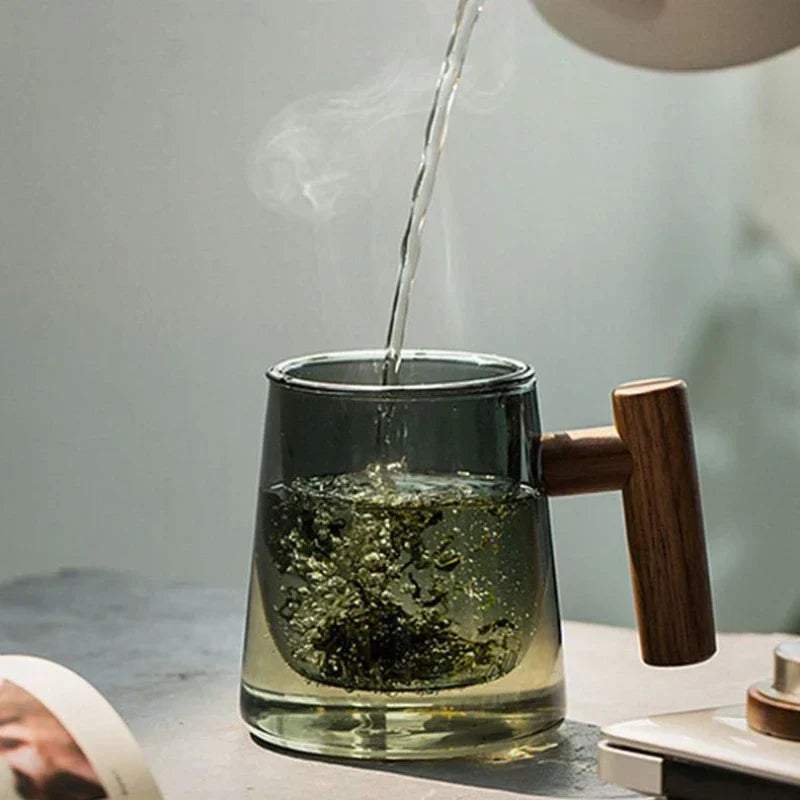 DecorBites™ Glass Tea Cup Set with Wood Handle for Puer, Heat Resistant Kung Fu Style