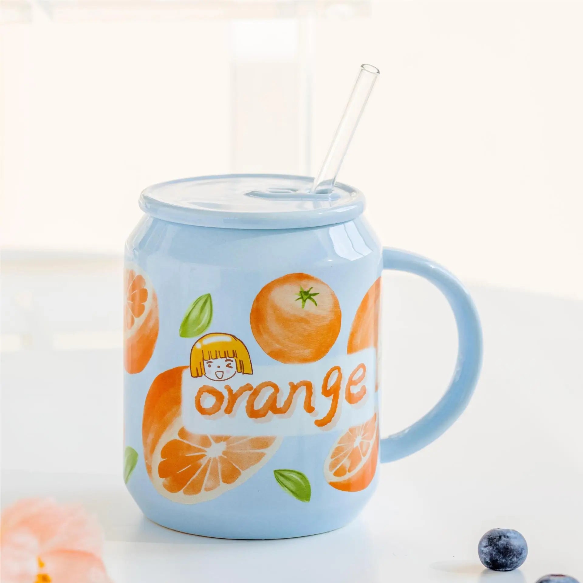 DecorBites™ Fruit Shape Ceramic Mug with Lid and Straw, Cute Korean Style Design