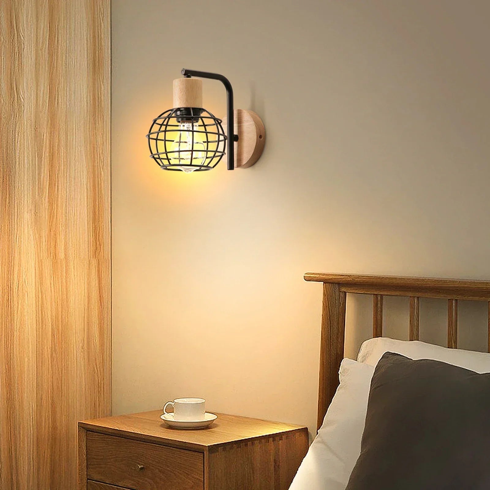 DecorBites™ Iron Wood Wall Lamp Shade: Nordic Indoor Sconce for Bedroom, Living Room, Restaurant