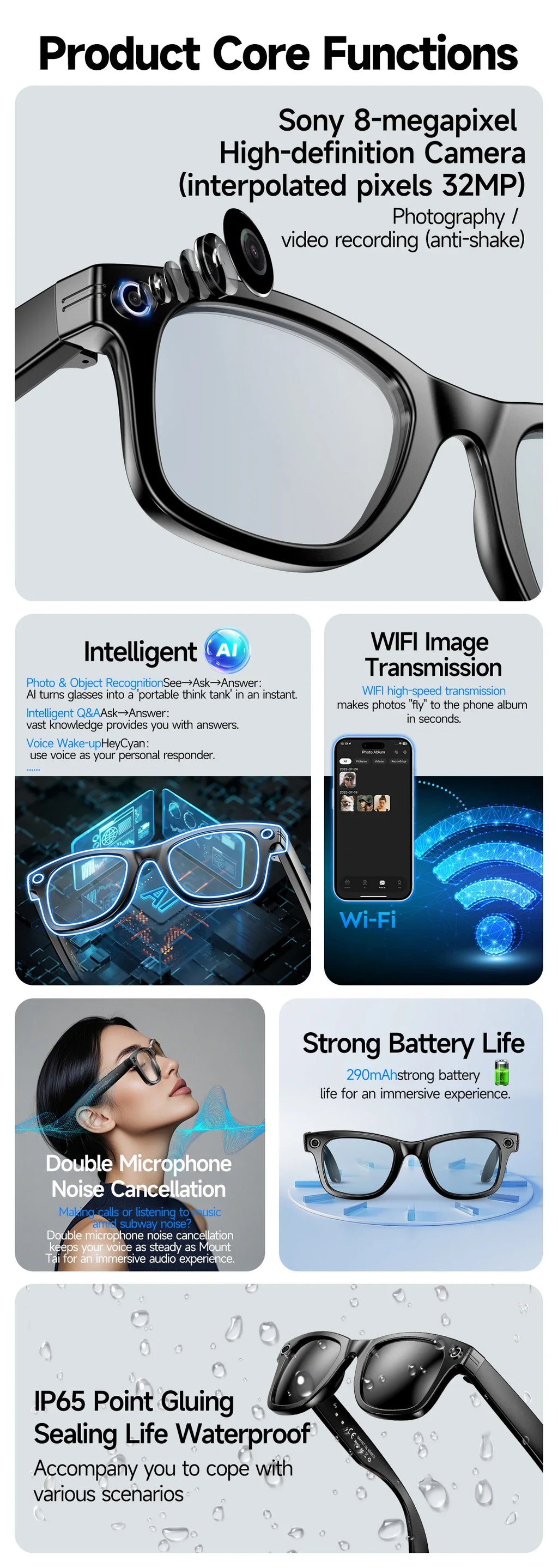 GUHUAVMI New 800W Camera AI Smart Glasses Color-Changing Translation Glasses Photo Video Recording Waterproof