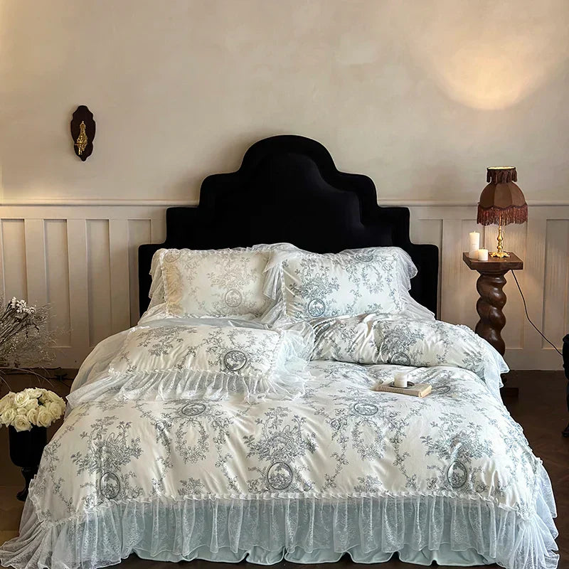 DecorBites™ French Lace Ruffles Princess Bedding Set - Velvety Warm Quilt Cover, Bed Skirt, Bedspread, Pillowcases