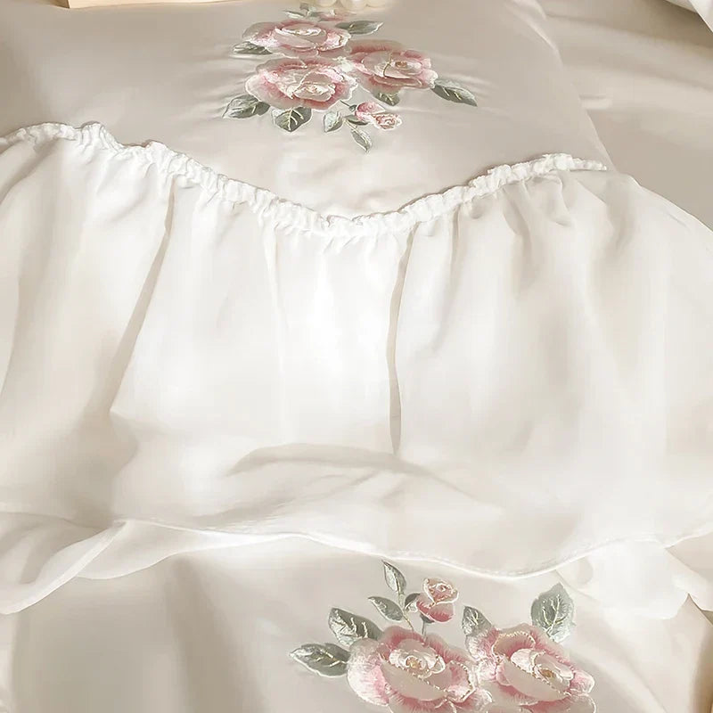 DecorBites™ Lace Ruffles Flowers Embroidery 4Pc Egyptian Cotton Bedding Set