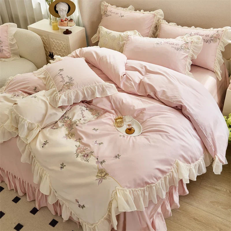 DecorBites™ Flowers Lace Ruffles Princess Wedding Bedding Set 1000TC Egyptian Cotton Collection