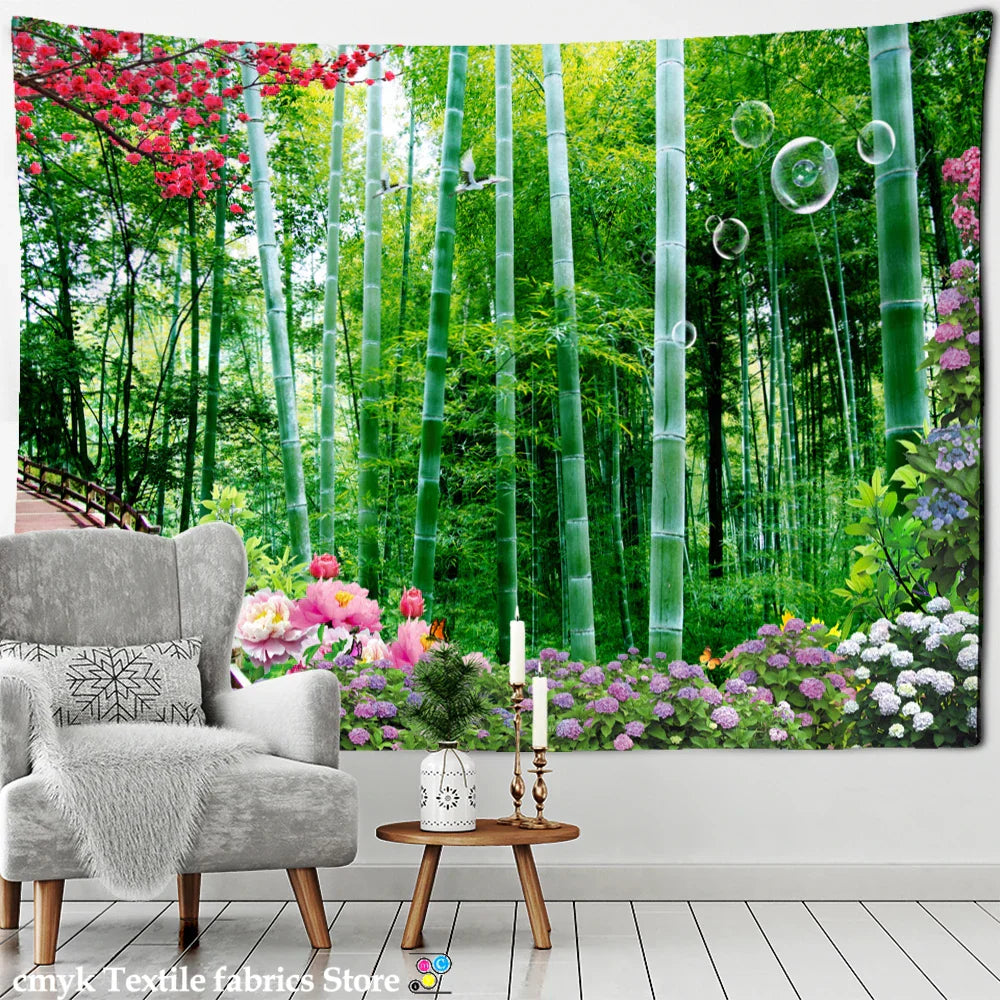 DecorBites™ Bamboo Forest Pigeon Path Tapestry: Hippie Psychedelic Wall Hanging for Natural Home Decor