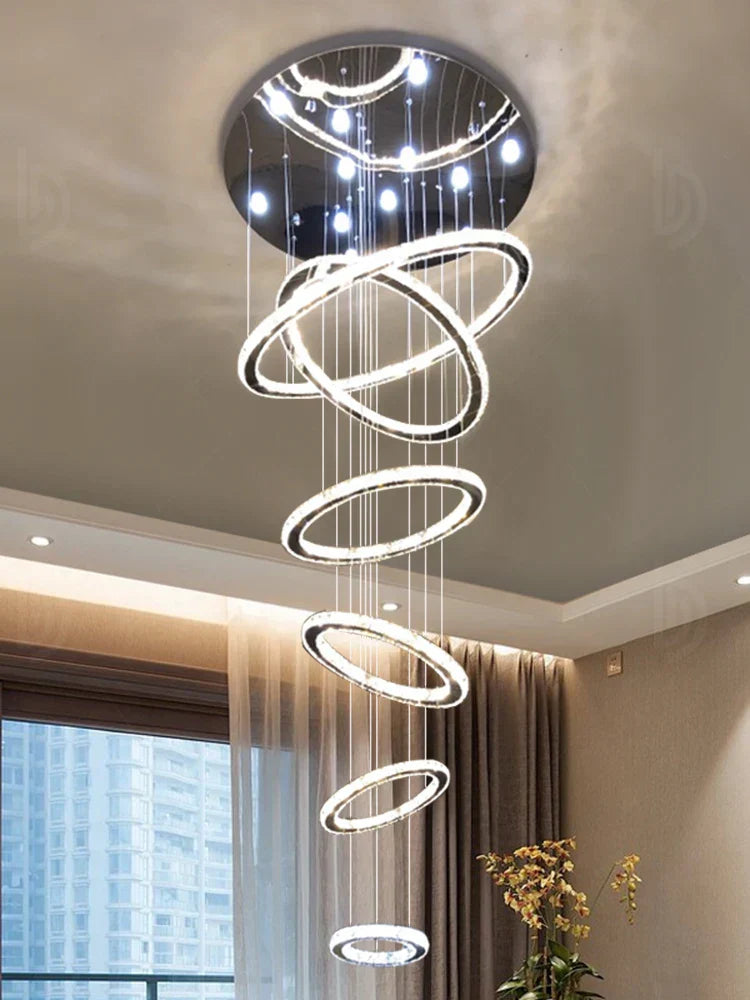 DecorBites™ Crystal Rings Chandelier: Modern Luxury Staircase Lighting Fixture