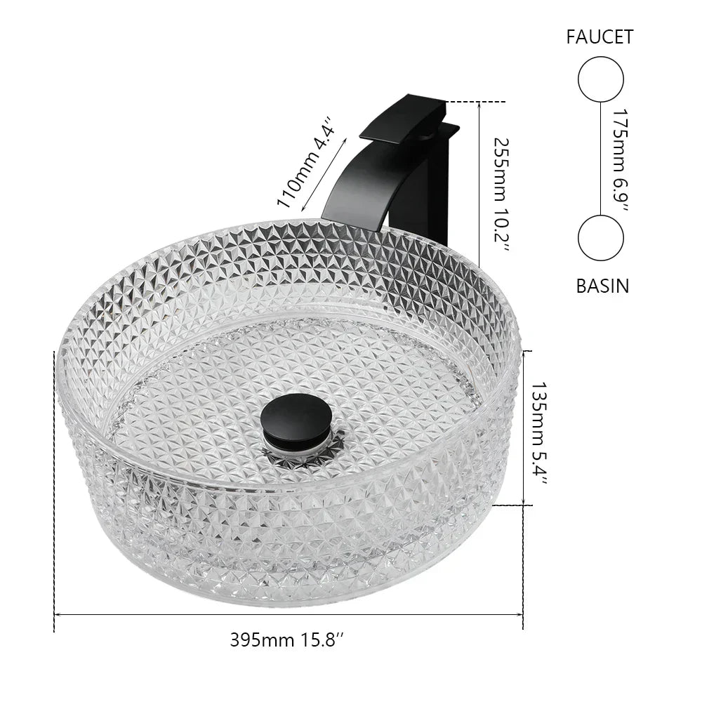 DecorBites™ Diamond Glass Basin Set with Matte Black Faucet and Pop-up Drain Mixer Tap
