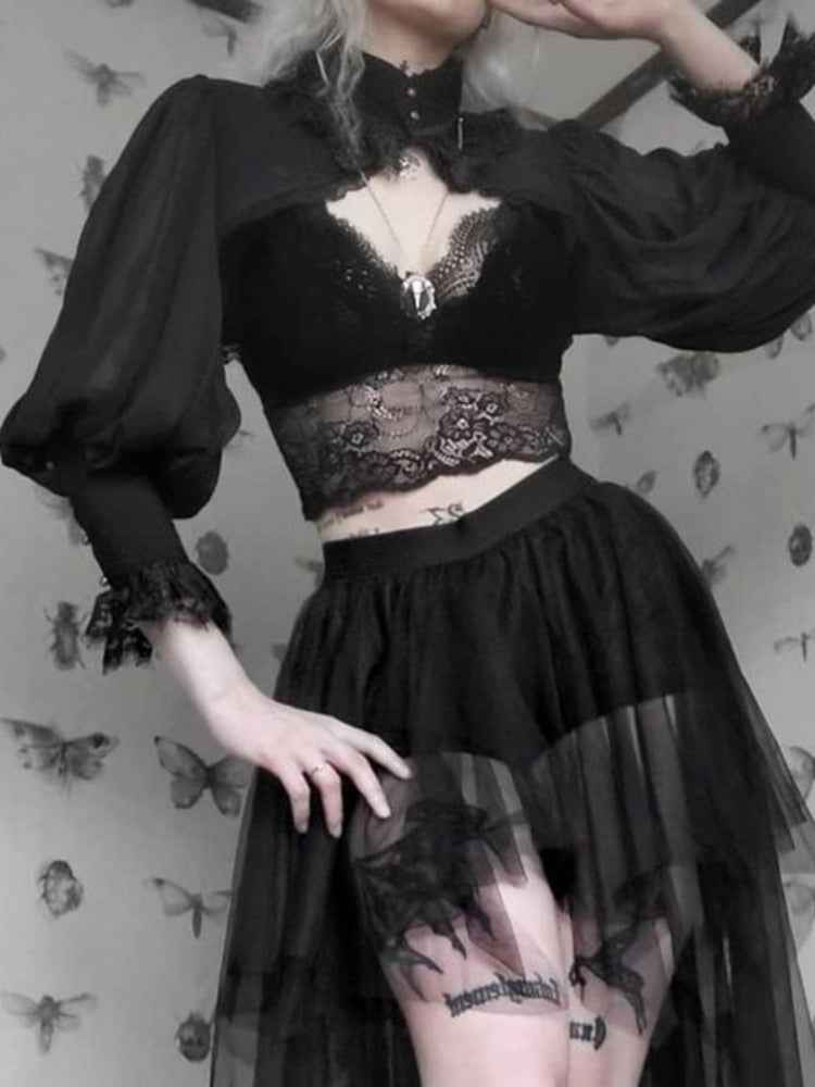 Gothic Lantern Sleeve Long Sleeve Crop Blouse