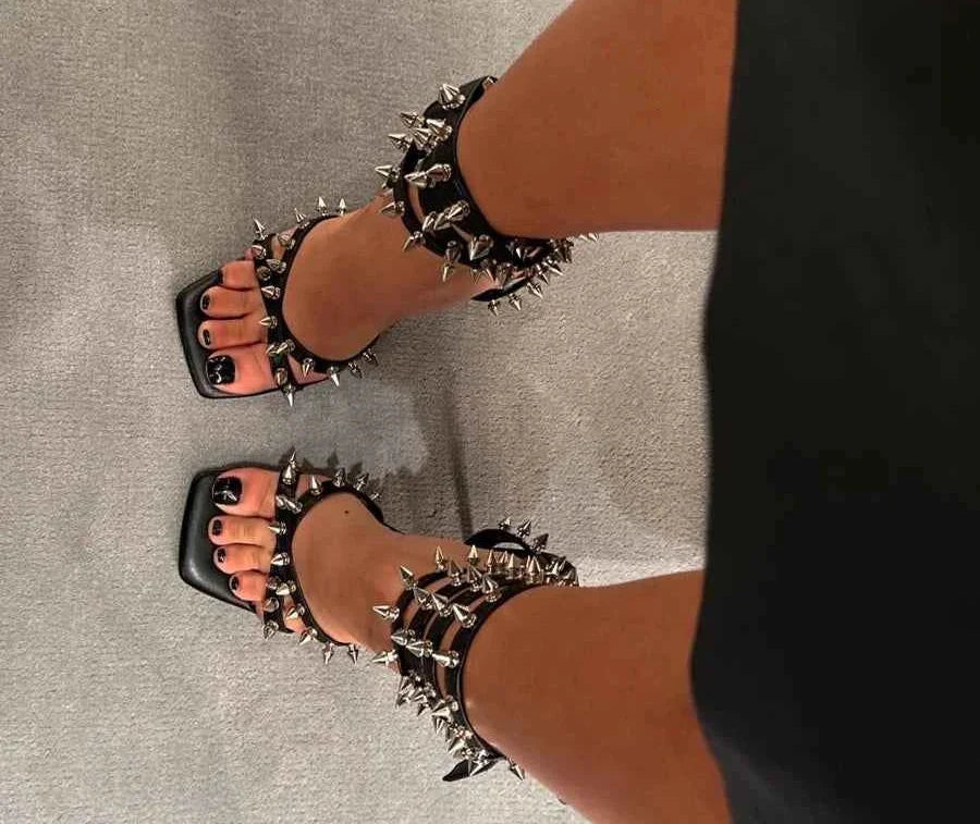 Punk Style Spiked Stilettos Square Open Toe Thin High Heels