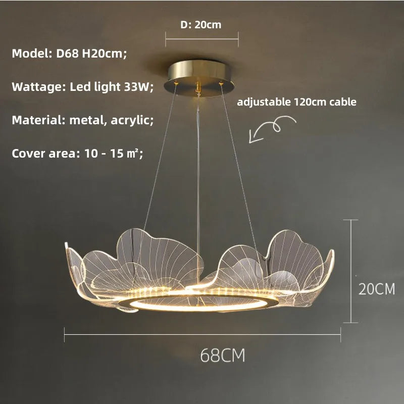 DecorBites™ Ginkgo Acrylic LED Pendant Chandelier Light, Gold Metal, Dimmable, Modern Minimalism