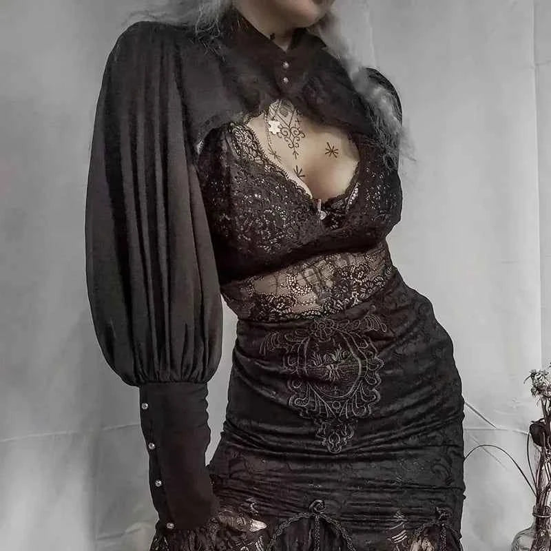Gothic Lantern Sleeve Long Sleeve Crop Blouse